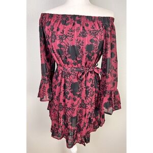 Dex Off The Shoulder Black Maroon Long Sleeve Shift Dress Sz Small S